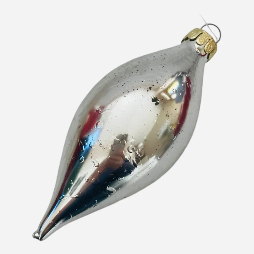 Vintage Silver Glitter Teardrop Christmas Ornament Glass Xmas Decor